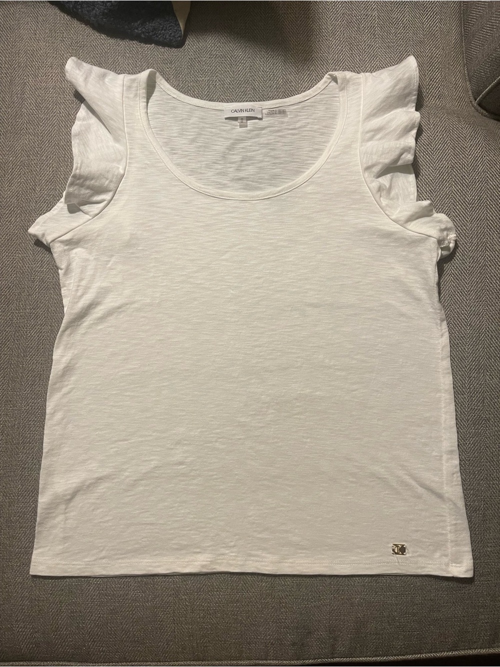 Calvin Klein White Ruffle Sleeve Slub Knit Top Size Medium